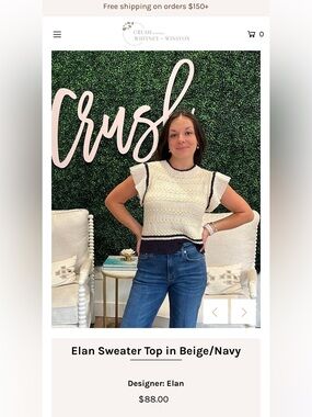 Elan Cream Knit Sweater Tank with Navy Trim